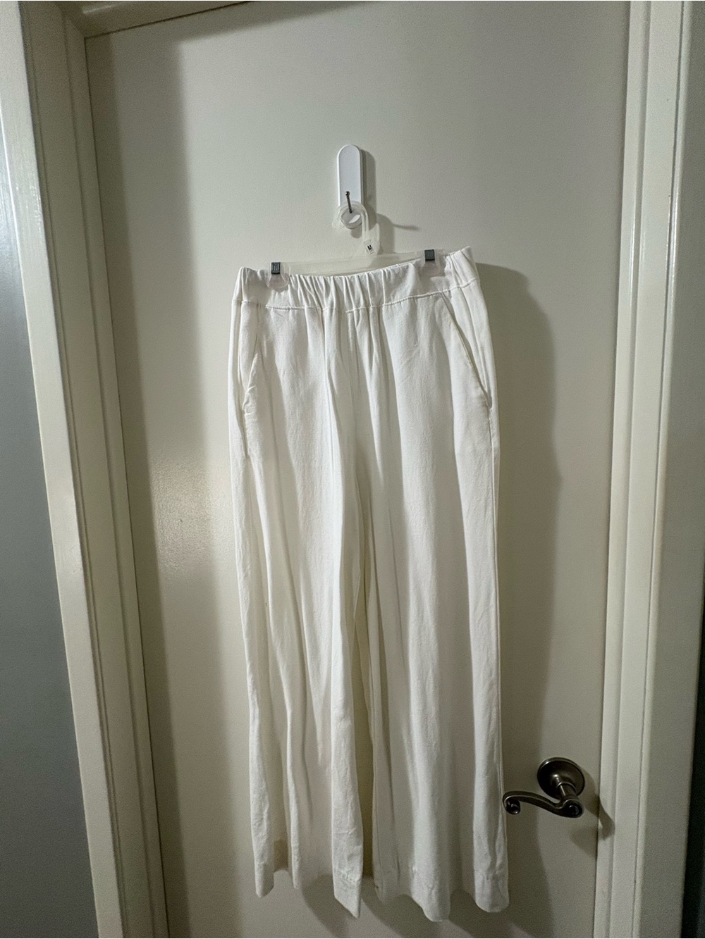 White Linen Elastic-Waist Casual Pants